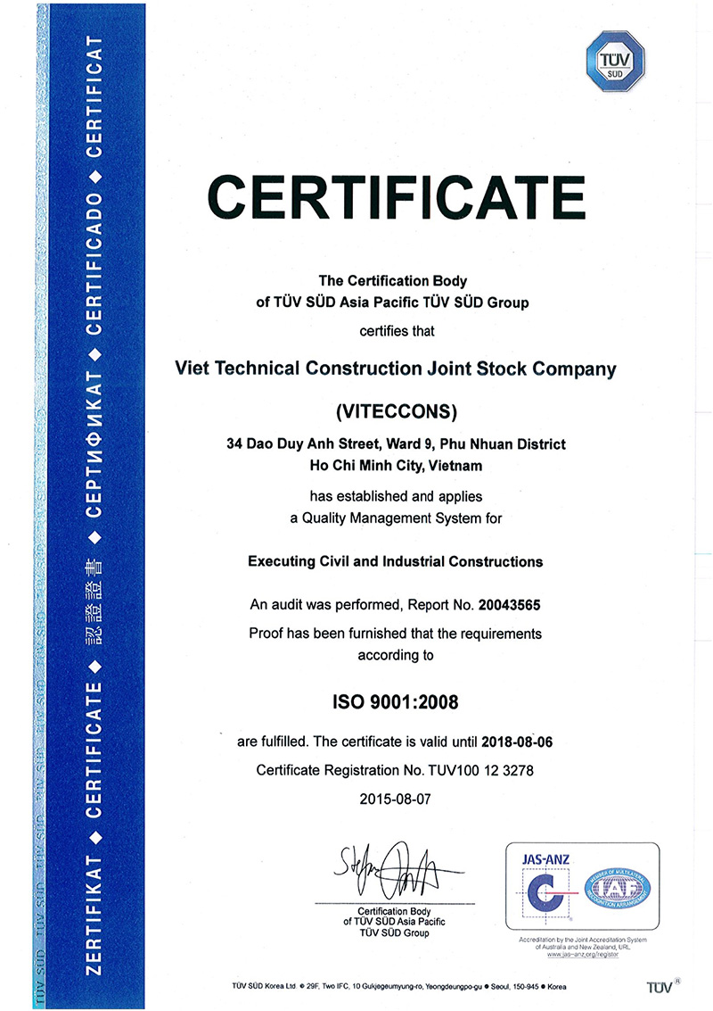Viteccons was granted ISO 9001:2008 certificate