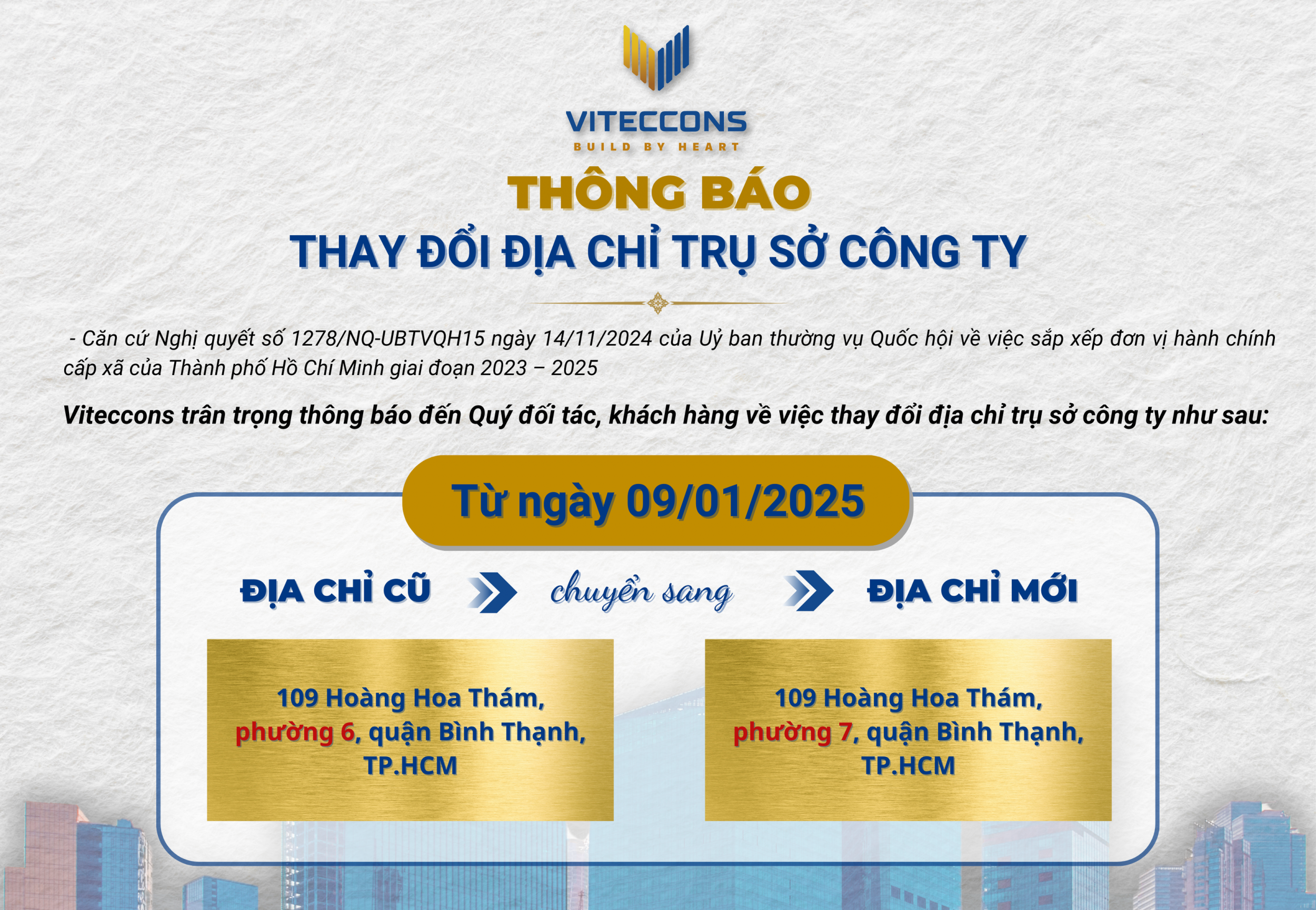 THÔNG BÁO THAY ĐỔI ĐỊA CHỈ TRỤ SỞ CÔNG TY VITECCONS