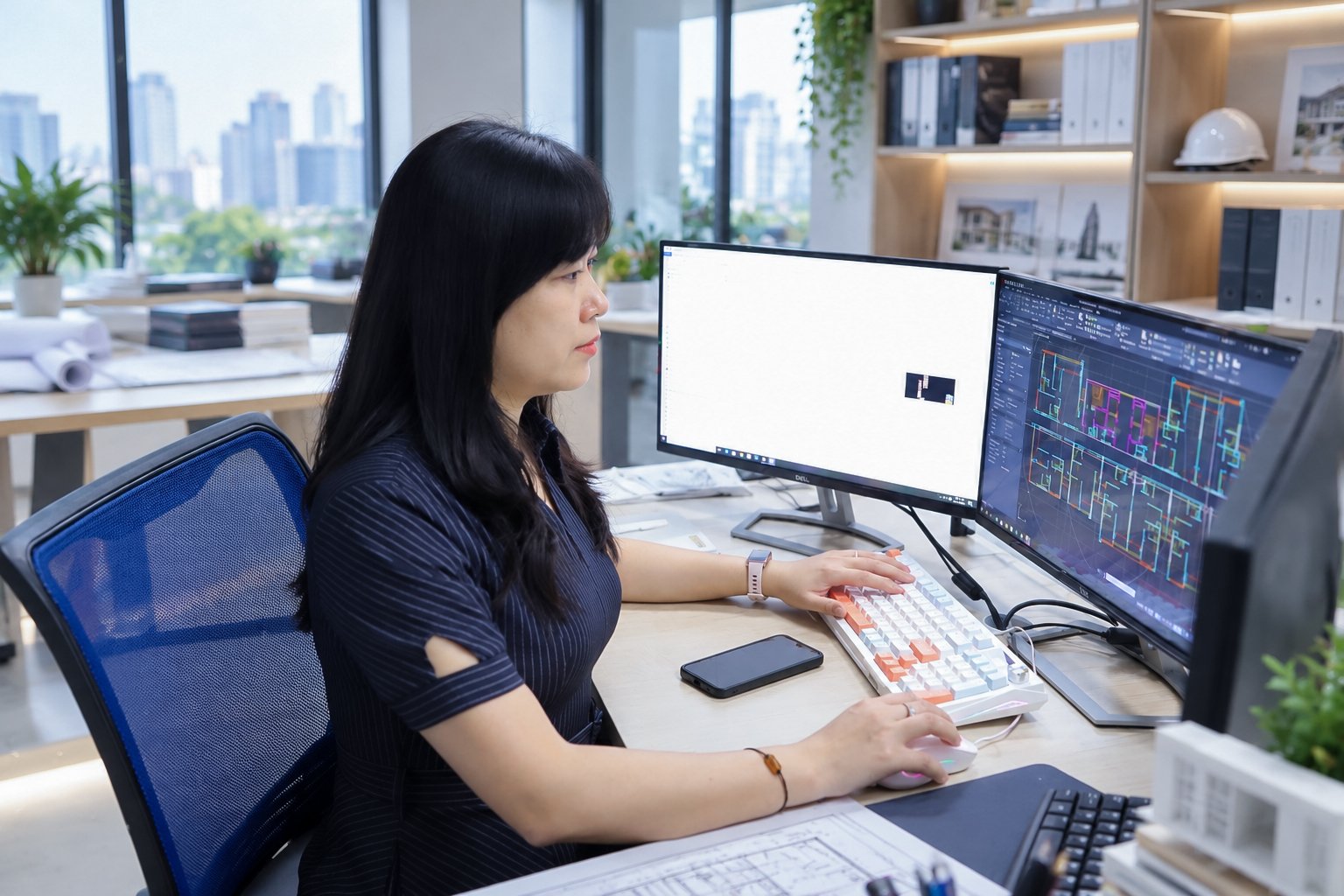 Chị Thùy Linh làm việc với bản vẽ trên máy tính