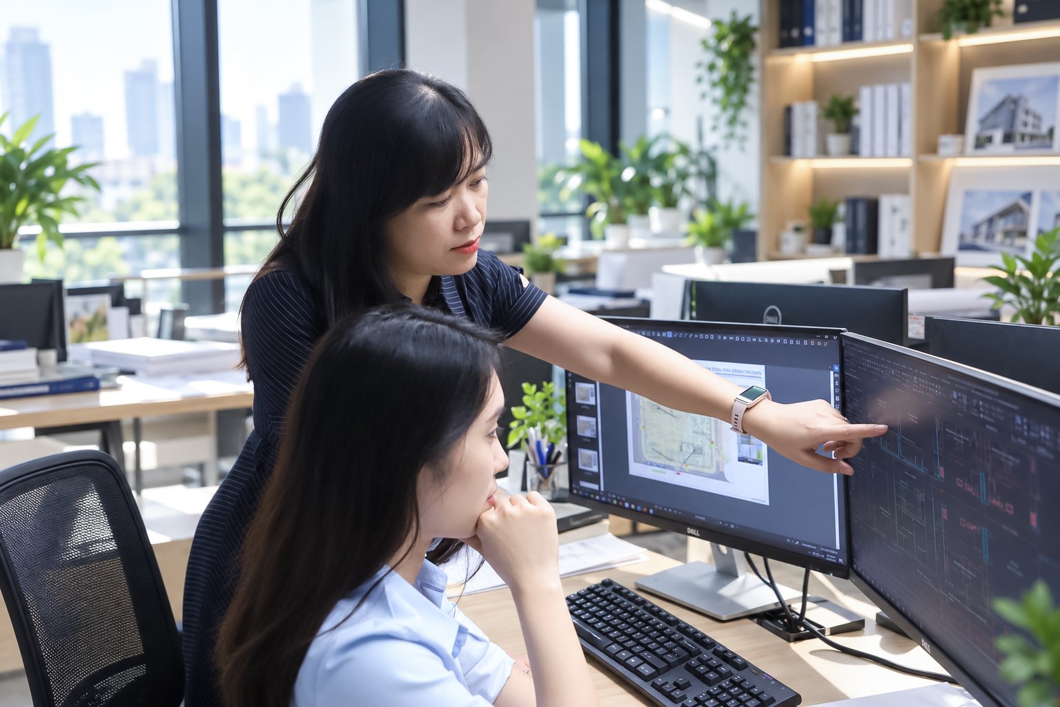 Chị Thùy Linh trao đổi với đồng nghiệp bên màn hình