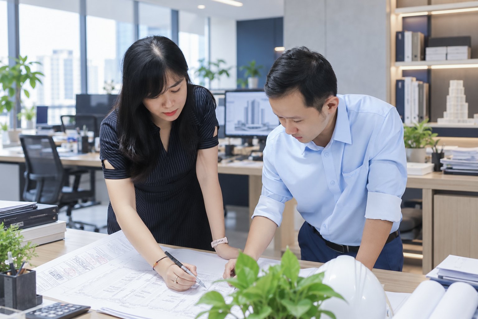 Chị Thùy Linh cùng đồng nghiệp rà soát bản vẽ