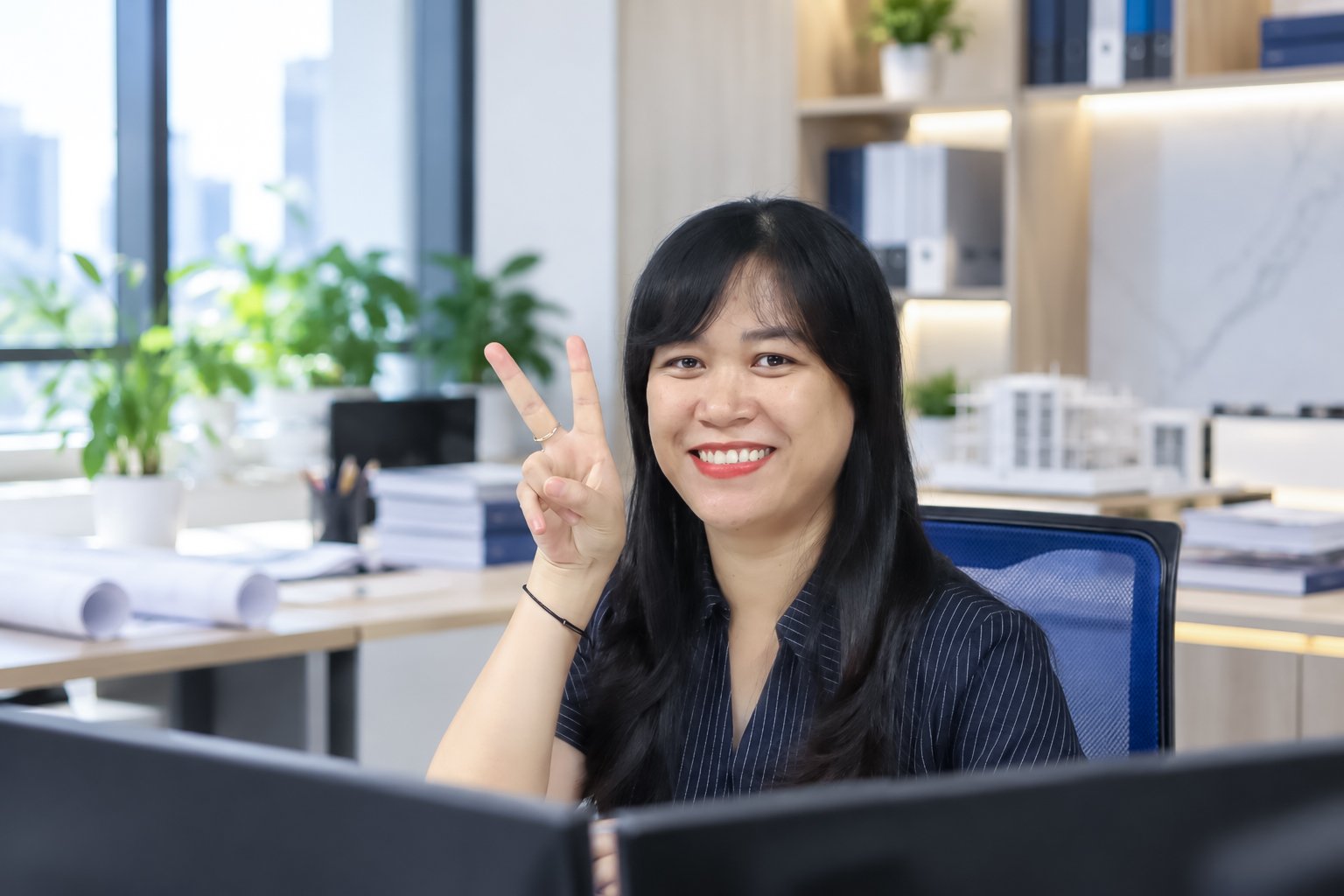 Chị Thùy Linh cười tại bàn làm việc